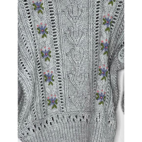 Zara Embroidered Floral Oversized Knit Pullover Sweater Gray Women's Size Small - Picture 13 of 13